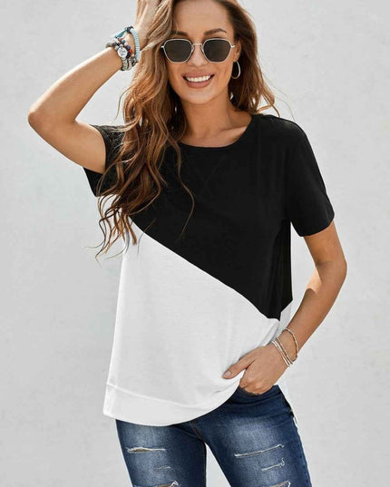 Two - Tone Round Neck Tee - Trendsi