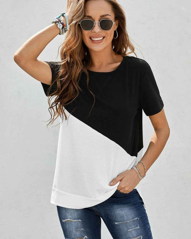 Two - Tone Round Neck Tee - Trendsi