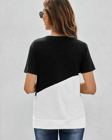 Two - Tone Round Neck Tee - Trendsi
