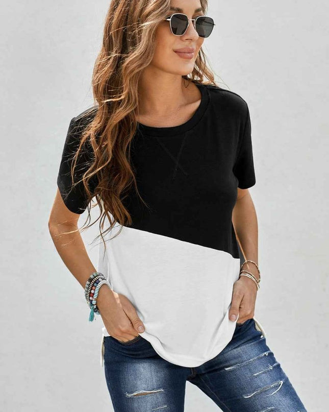 Two - Tone Round Neck Tee - Trendsi