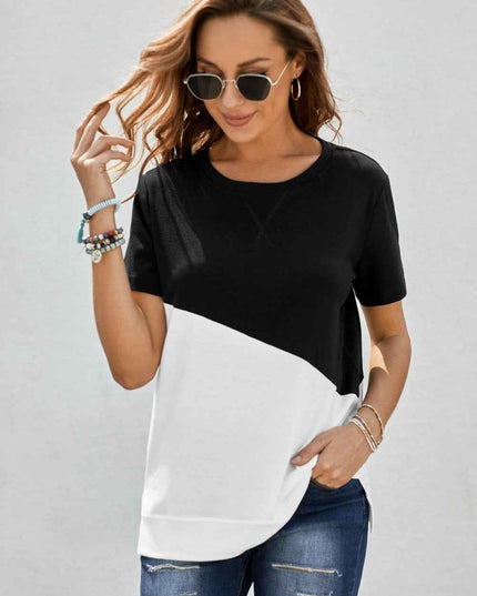 Two - Tone Round Neck Tee - Trendsi