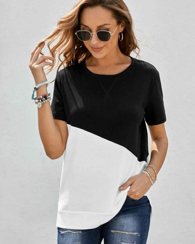 Two - Tone Round Neck Tee - Trendsi