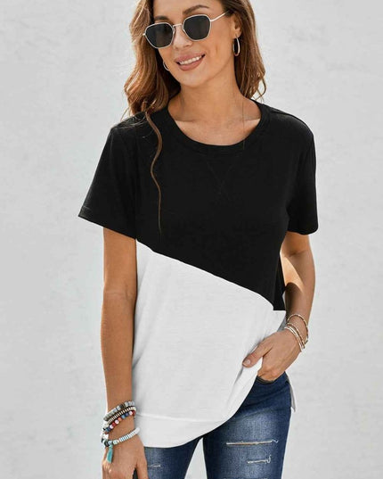 Two - Tone Round Neck Tee - Trendsi