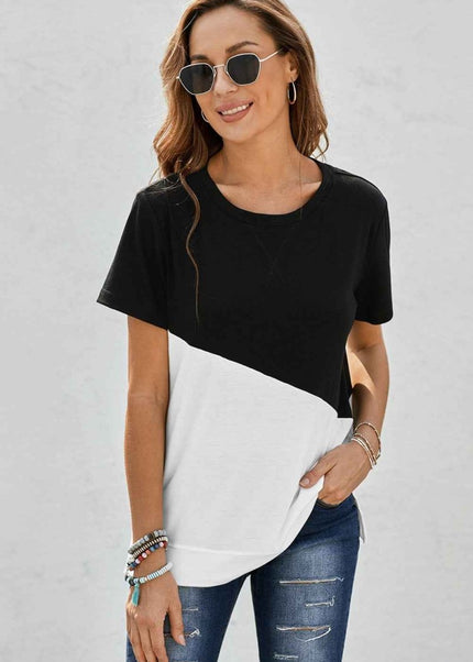 Two - Tone Round Neck Tee - Trendsi