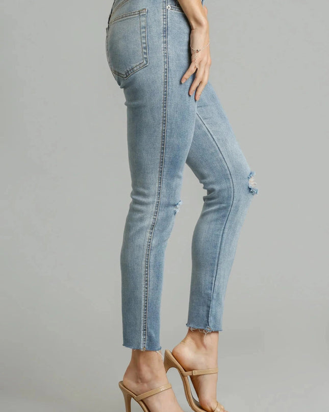Umgee 5 - Pockets Distressed Detail Stretch Denim Skinny Jeans with Unfinished Hem - Trendsi