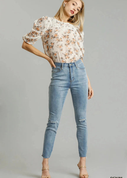 Umgee 5 - Pockets Distressed Detail Stretch Denim Skinny Jeans with Unfinished Hem - Trendsi