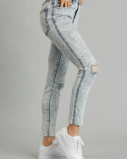 Umgee 5 - Pockets Distressed Detail Stretch Denim Skinny Jeans with Unfinished Hem - Trendsi