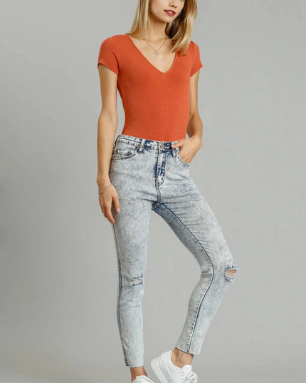Umgee 5 - Pockets Distressed Detail Stretch Denim Skinny Jeans with Unfinished Hem - Trendsi
