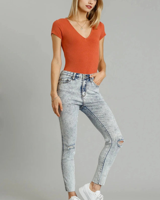 Umgee 5 - Pockets Distressed Detail Stretch Denim Skinny Jeans with Unfinished Hem - Trendsi