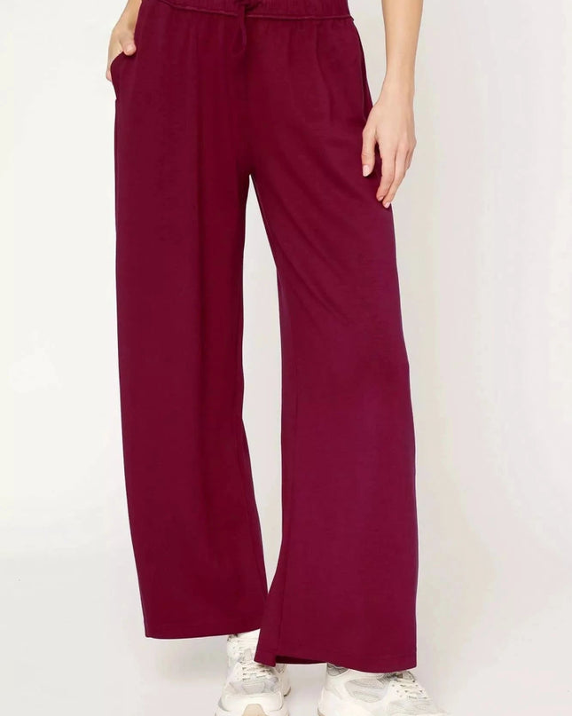 Umgee Elastic Drawstring Waistband Wide Leg Pants - Trendsi