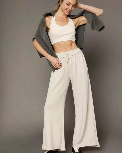 Umgee Elastic Drawstring Waistband Wide Leg Pants - Trendsi