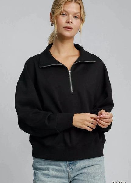 Umgee Half Zip Drop Shoulder Sweatshirt - Trendsi