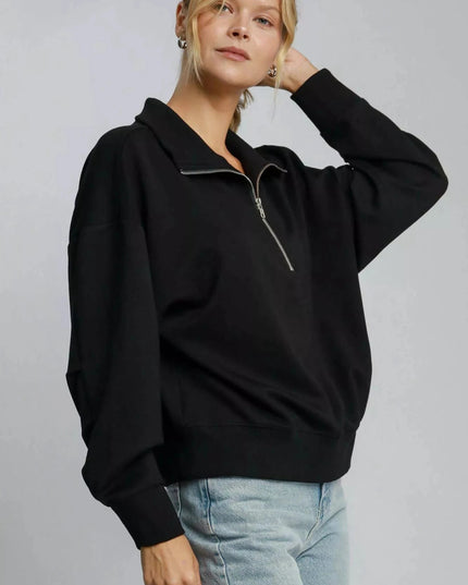 Umgee Half Zip Drop Shoulder Sweatshirt - Trendsi