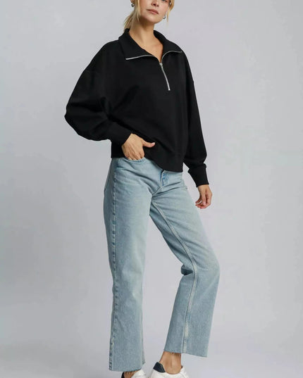 Umgee Half Zip Drop Shoulder Sweatshirt - Trendsi