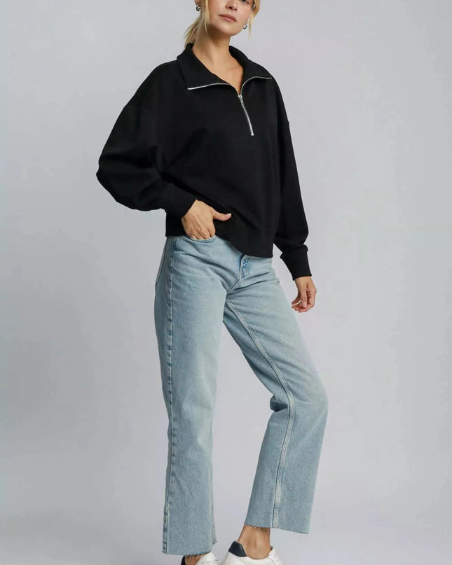 Umgee Half Zip Drop Shoulder Sweatshirt - Trendsi