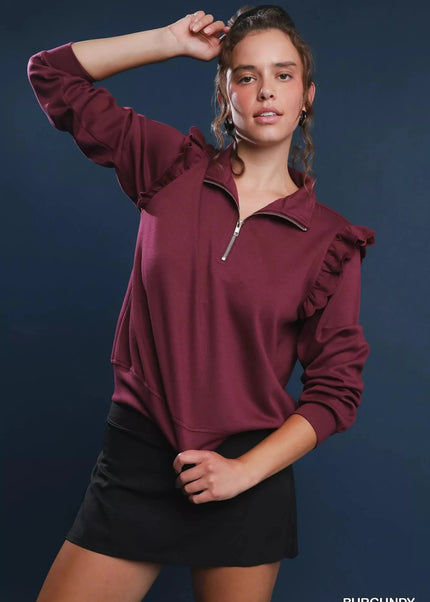 Umgee Luxeknit Ruffle Shoulder Quarter - Zip Sweatshirt - Trendsi