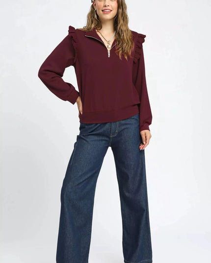 Umgee Luxeknit Ruffle Shoulder Quarter - Zip Sweatshirt - Trendsi