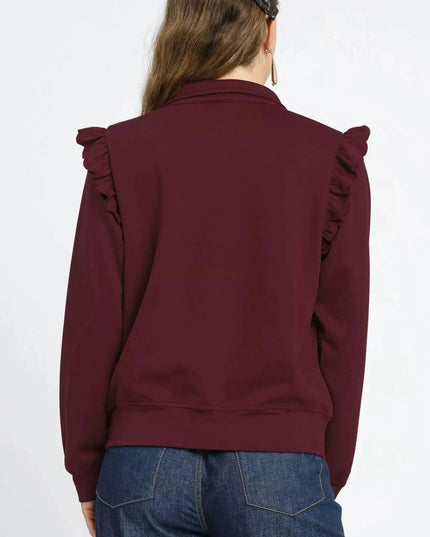 Umgee Luxeknit Ruffle Shoulder Quarter - Zip Sweatshirt - Trendsi