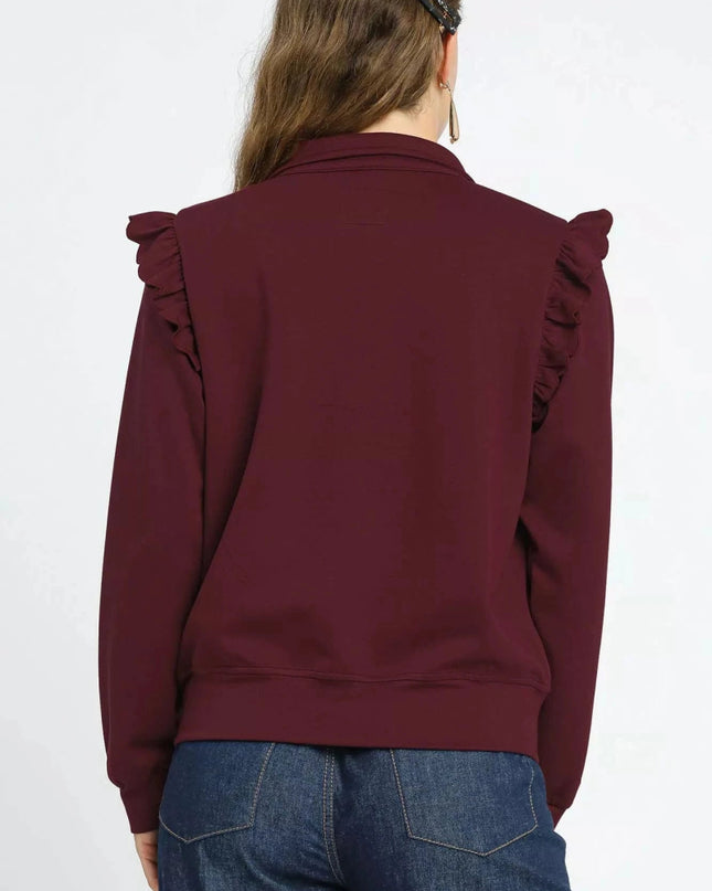 Umgee Luxeknit Ruffle Shoulder Quarter - Zip Sweatshirt - Trendsi