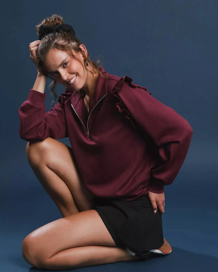 Umgee Luxeknit Ruffle Shoulder Quarter - Zip Sweatshirt - Trendsi