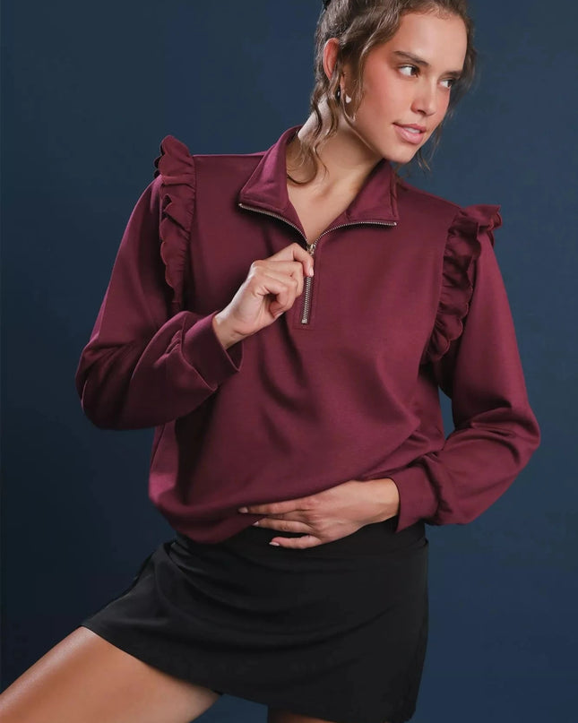 Umgee Luxeknit Ruffle Shoulder Quarter - Zip Sweatshirt - Trendsi