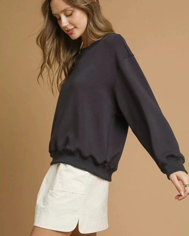 Umgee Round Neck Long Sleeve Fleece Sweatshirt - Trendsi