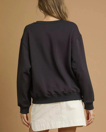 Umgee Round Neck Long Sleeve Fleece Sweatshirt - Trendsi