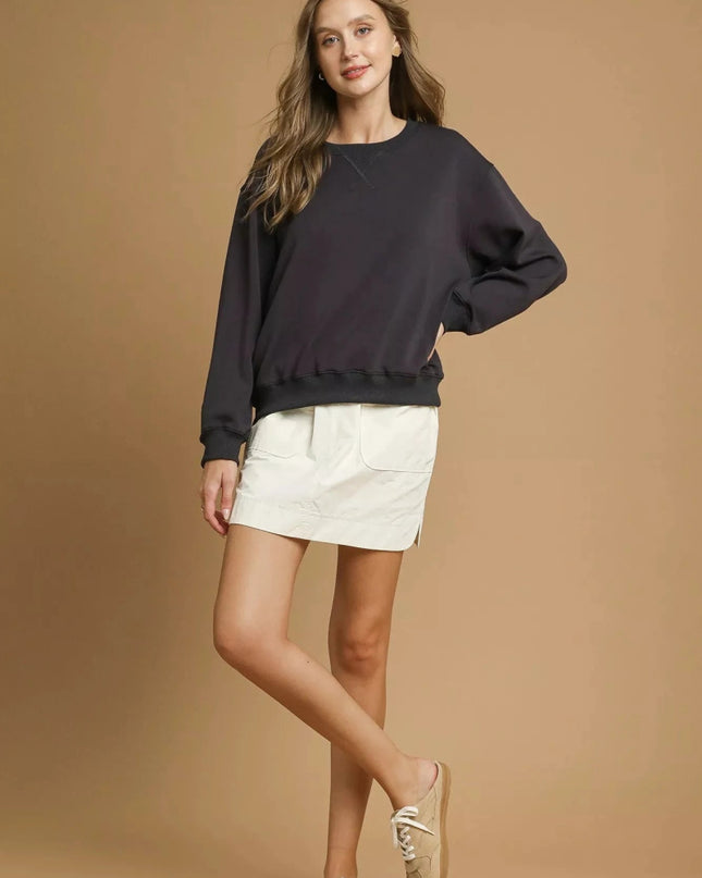 Umgee Round Neck Long Sleeve Fleece Sweatshirt - Trendsi