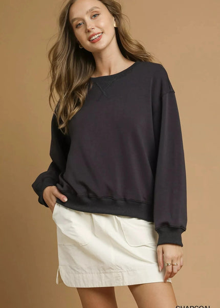 Umgee Round Neck Long Sleeve Fleece Sweatshirt - Trendsi