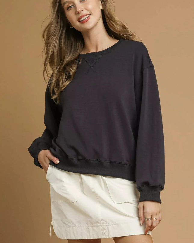 Umgee Round Neck Long Sleeve Fleece Sweatshirt - Trendsi