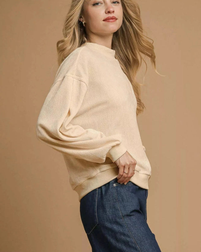 Umgee Velour Crewneck Balloon Sleeve Sweatshirt - Trendsi