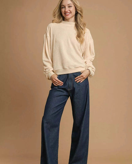 Umgee Velour Crewneck Balloon Sleeve Sweatshirt - Trendsi