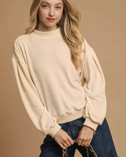 Umgee Velour Crewneck Balloon Sleeve Sweatshirt - Trendsi