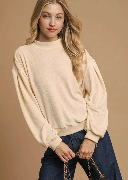 Umgee Velour Crewneck Balloon Sleeve Sweatshirt - Trendsi
