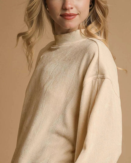 Umgee Velour Crewneck Balloon Sleeve Sweatshirt - Trendsi