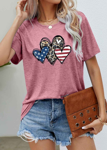 US Flag Leopard Heart Graphic Tee - Trendsi