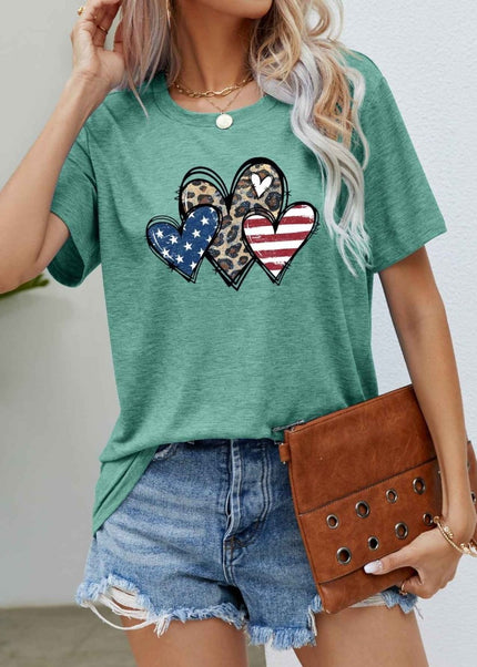 US Flag Leopard Heart Graphic Tee - Trendsi