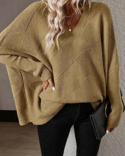 V - Neck Batwing Sleeve Sweater - Trendsi
