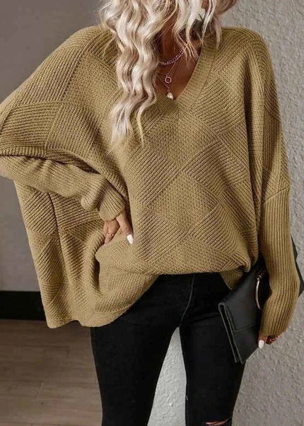 V - Neck Batwing Sleeve Sweater - Trendsi