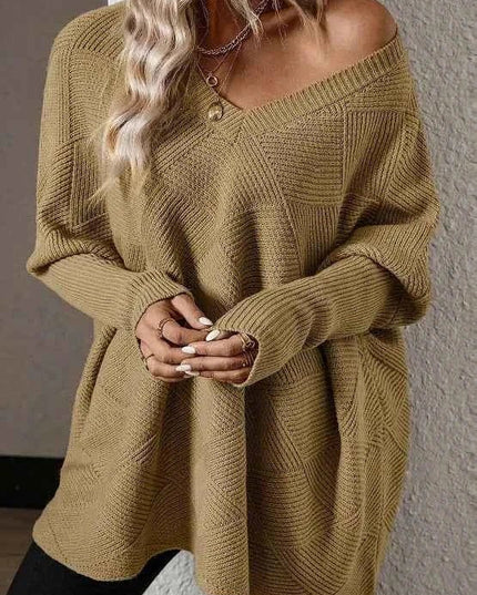 V - Neck Batwing Sleeve Sweater - Trendsi