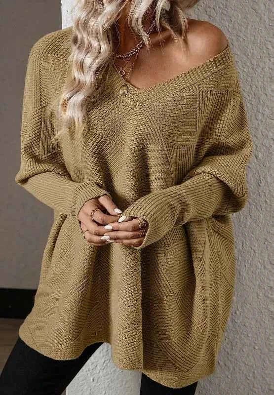 V - Neck Batwing Sleeve Sweater - Trendsi
