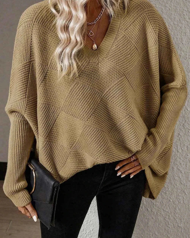 V - Neck Batwing Sleeve Sweater - Trendsi