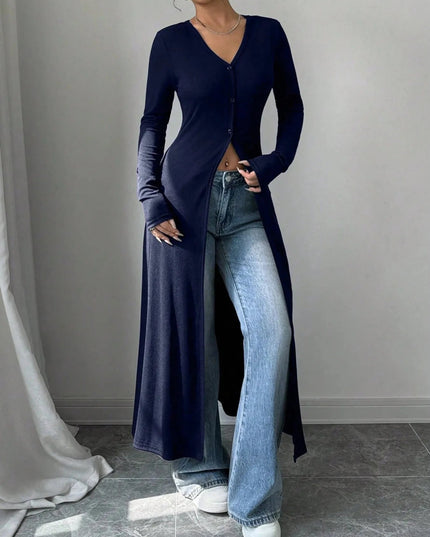 V - Neck Button - Front Longline Cardigan - Trendsi