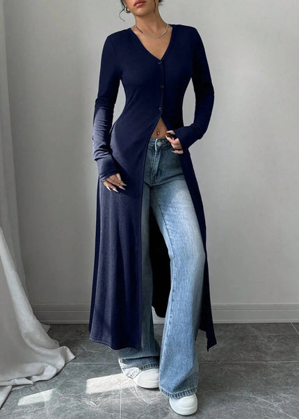 V - Neck Button - Front Longline Cardigan - Trendsi