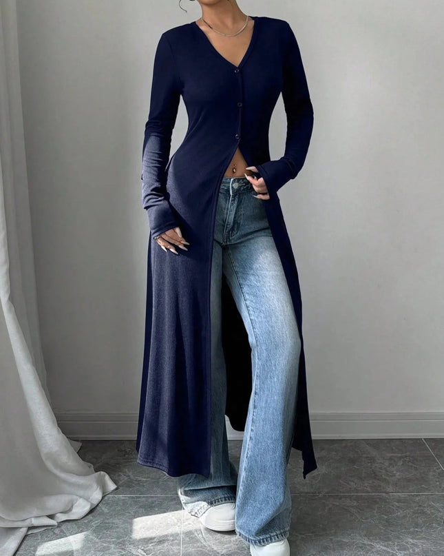 V - Neck Button - Front Longline Cardigan - Trendsi