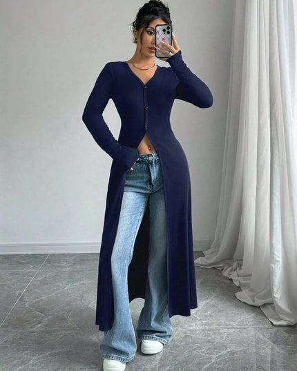 V - Neck Button - Front Longline Cardigan - Trendsi
