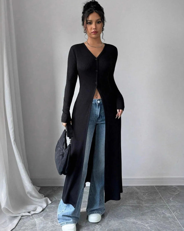 V - Neck Button - Front Longline Cardigan - Trendsi