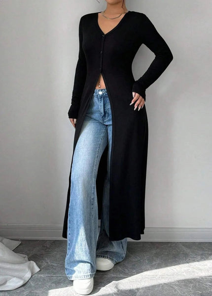 V - Neck Button - Front Longline Cardigan - Trendsi