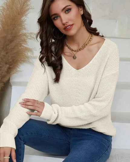 V - Neck Drop Shoulder Sweater - Trendsi
