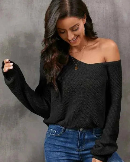 V - Neck Drop Shoulder Sweater - Trendsi